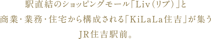 駅直結のショッピングモール「Liv（リブ）」と商業・業務・住宅から構成される「KiLaLa住吉」が集うJR住吉駅前。